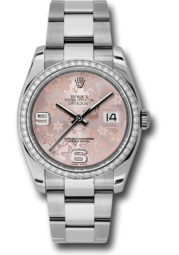 Rolex Steel and White Gold Datejust 36 Watch - 52 Diamond Bezel - Pink Floral Arabic Dial - Oyster Bracelet - 116244 pfao