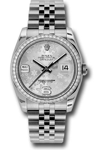 Rolex Steel and White Gold Datejust 36 Watch - 52 Diamond Bezel - Silver Floral Arabic Dial - Jubilee Bracelet - 116244 sfaj