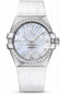 Omega Ladies Constellation Chronometer Watch - 35 mm Brushed Steel Case - Diamond Bezel - Mother-Of-Pearl Supernova Diamond Dial - White Leather Strap - 123.18.35.20.55.001