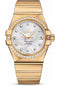 Omega Gents Constellation Chronometer Watch - 35 mm Brushed Yellow Gold Case - Diamond Bezel - Silver Diamond Dial - 123.55.35.20.52.002