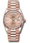 Rolex Everose Gold Day-Date 36 Watch - Fluted Bezel - Rose Diamond Dial - President Bracelet - 128235 rodp