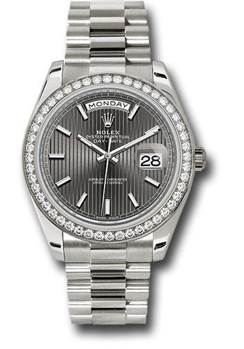 Rolex White Gold Day-Date 40 Watch - Bezel - Dark Rhodium Stripe Motif Index Dial - President Bracelet - 228349RBR rsmip