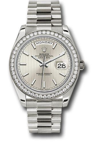 Rolex White Gold Day-Date 40 Watch - Bezel - Silver Stripe Motif Index Dial - President Bracelet - 228349RBR ssmip