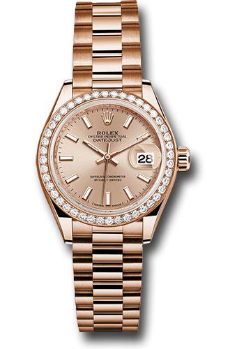 Rolex Everose Gold Lady-Datejust 28 Watch - 44 Diamond Bezel - Pink Sundust Index Dial - President Bracelet - 279135RBR pip