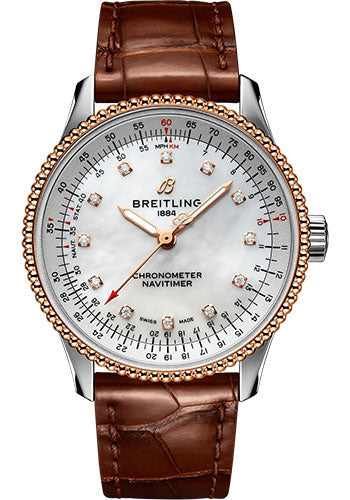 Breitling Navitimer Automatic 35 Watch - Steel and 18K Rose Gold - Mother-Of-Pearl Dial - Brown Alligator Leather Strap - Tang Buckle - U17395211A1P1
